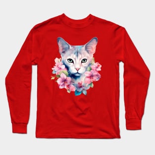 Watercolor romantic cat in flowers Long Sleeve T-Shirt